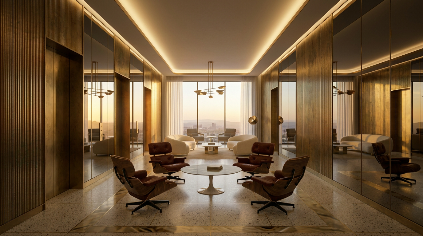 Private elevator lobby with fluted bronze panels, smoked mirror doors, Eames lounge chairs around a Saarinen tulip table, and floor-to-ceiling windows opening to the Los Angeles hills at sunset