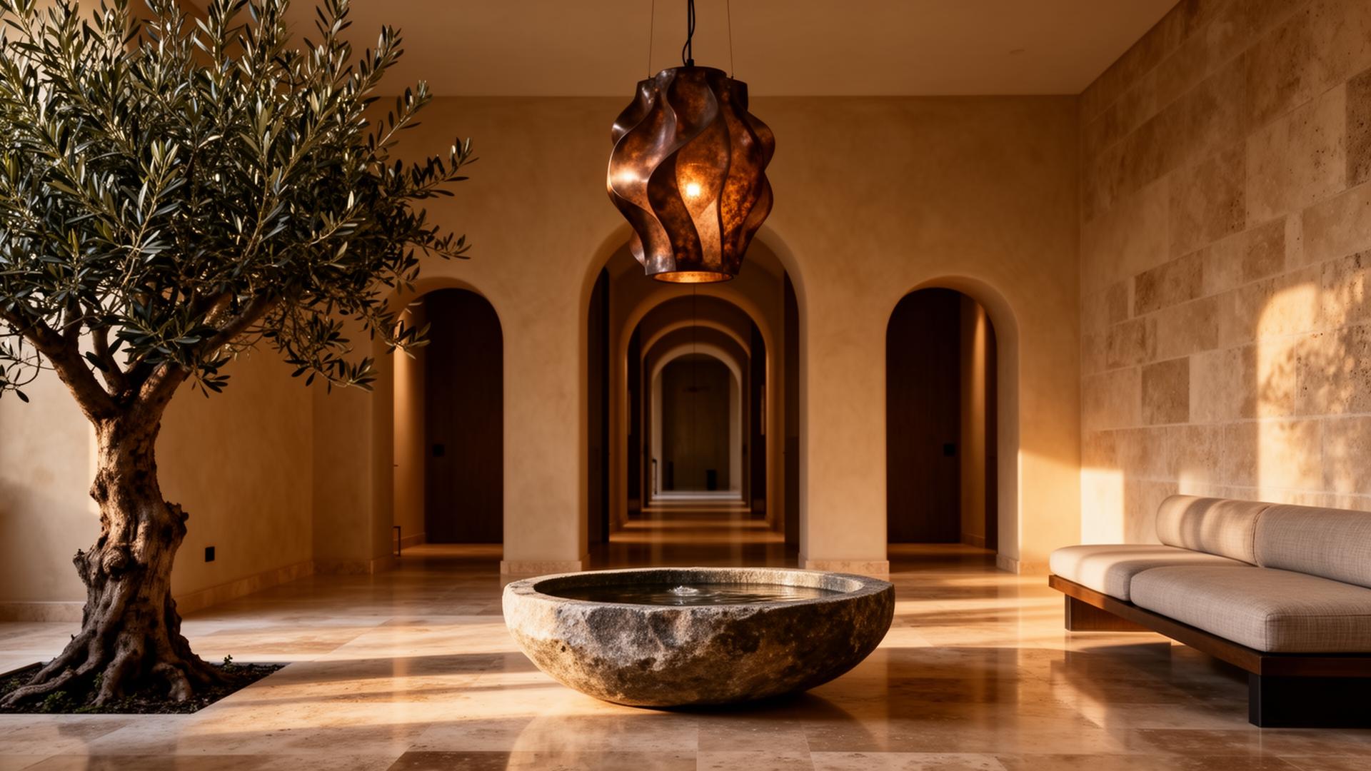 Arrival lobby — stone basin, olive tree, warm light