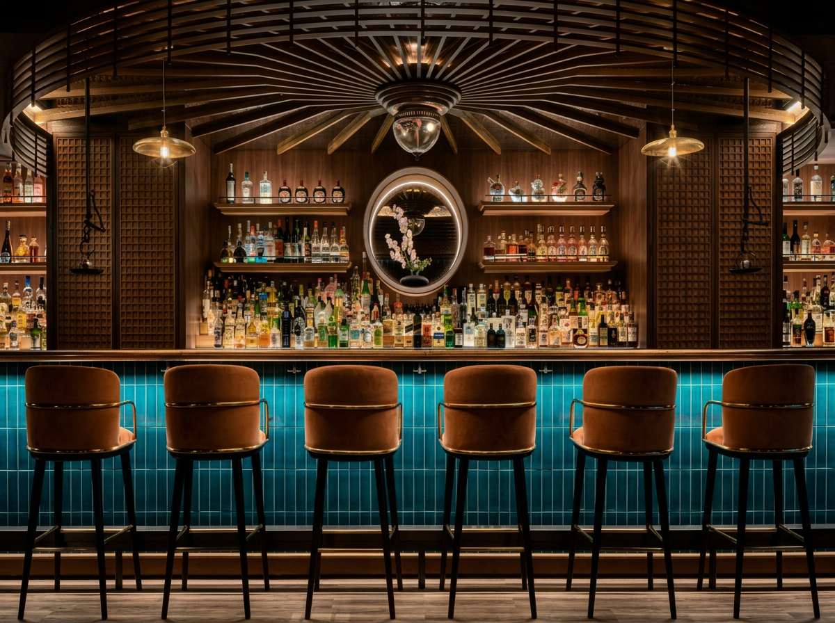 Onyx private club bar with teal tile and walnut millwork