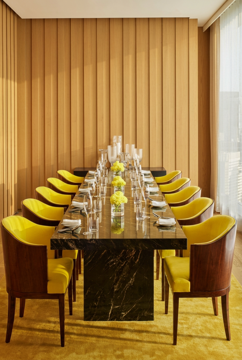 Private dining room with yellow lounge chairs and marble table